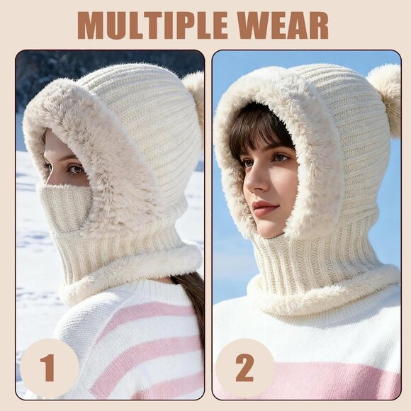 Women 3 in 1 Beanie Hat with Scarf and Mask Winter Warm Knit Ski Scarf Off-White - Picture 3 of 6